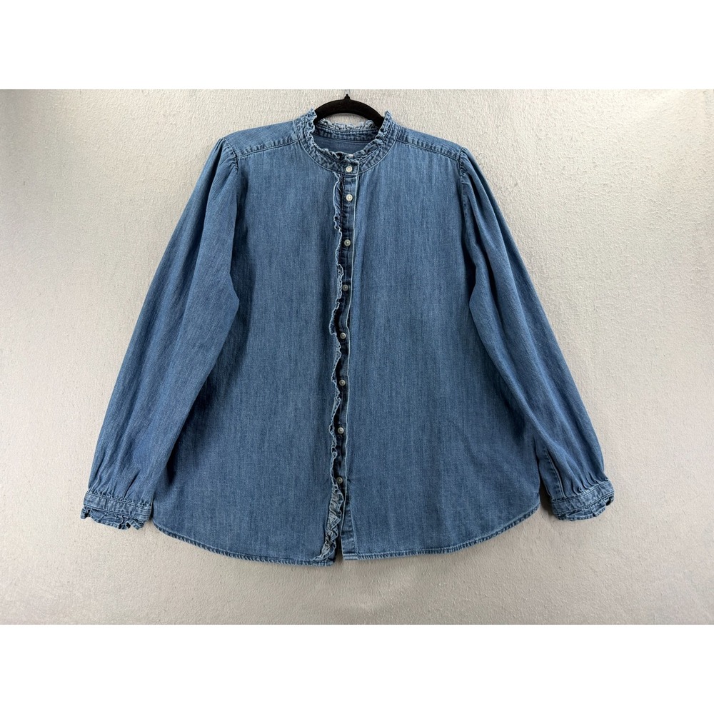 LOFT Chambray Shirt Womens XL Ruffle Band Collar Cottagecore Coquette Prairie